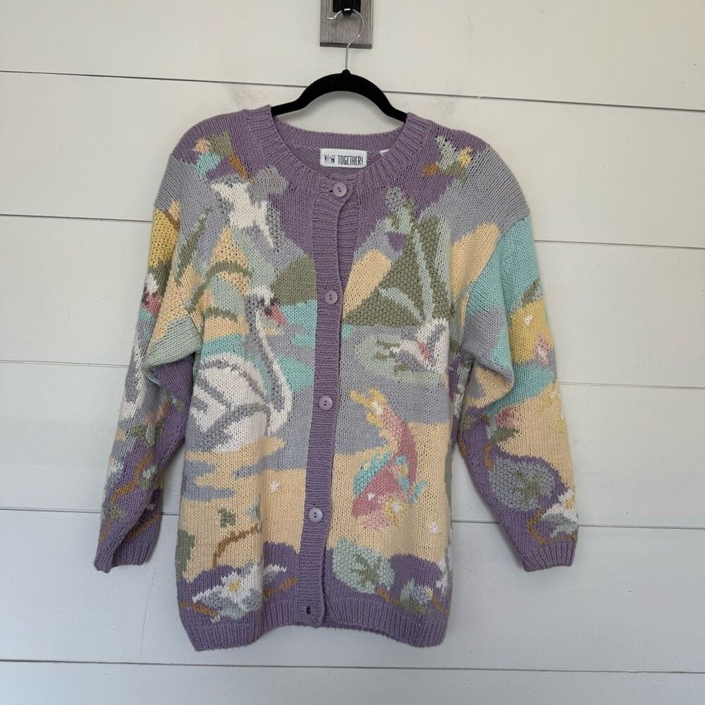 Vintage Together Women’s Small Rare Pastel Swan Knit Cardigan